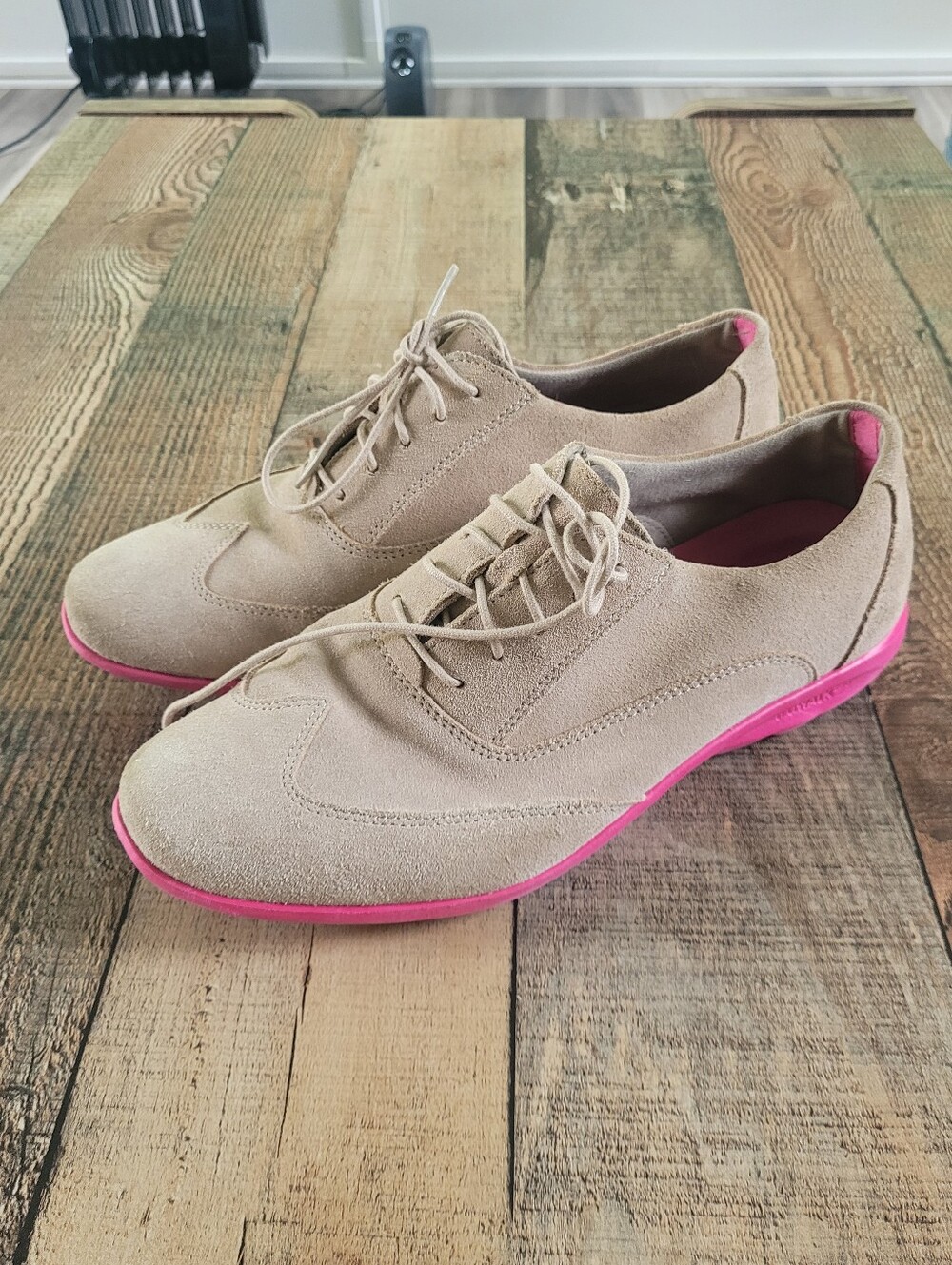 Rockport Neutral Suede Lace-Up Oxfords with Pink Accents, Women's 8